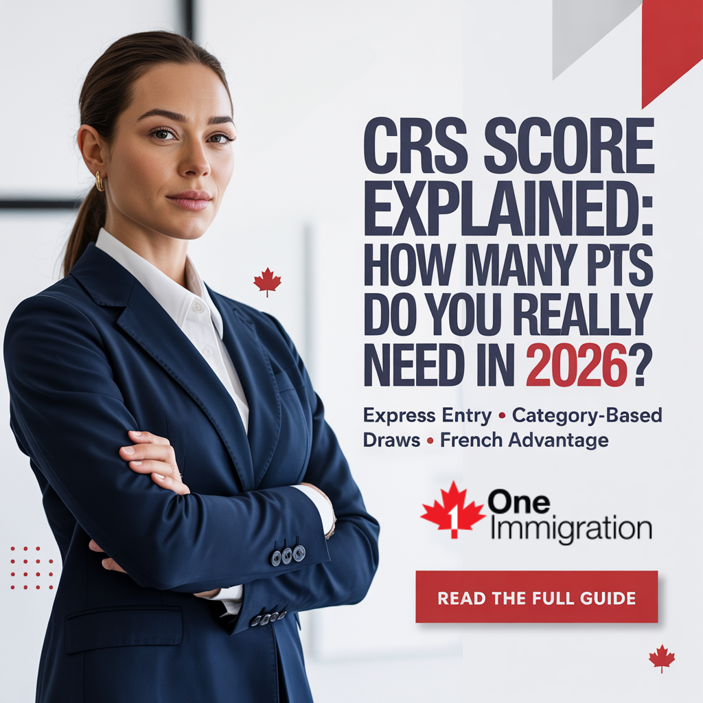CRS score explained for Canada Express Entry in 2026, showing points required and immigration strategy overview.