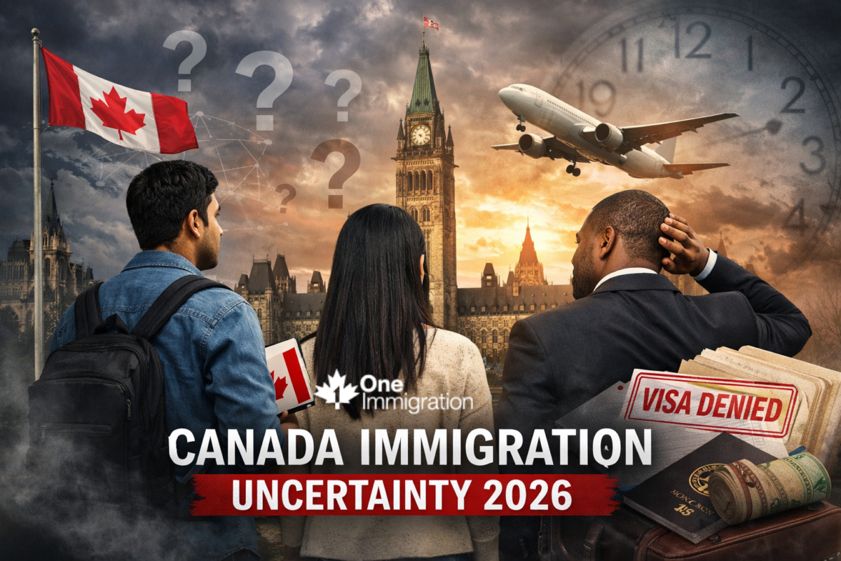 Canadian immigration uncertainty concept with diverse applicants and Parliament in background